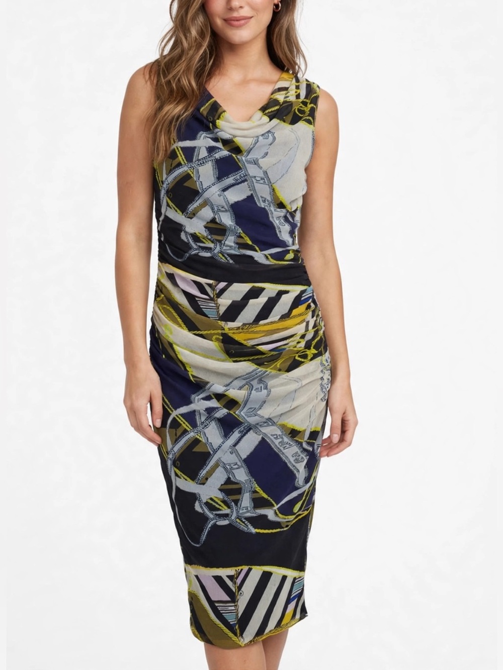 Fuzzi Jean Paul Gaultier || Ruched Mesh Midi Dress Bodycon Belts Black Blue L